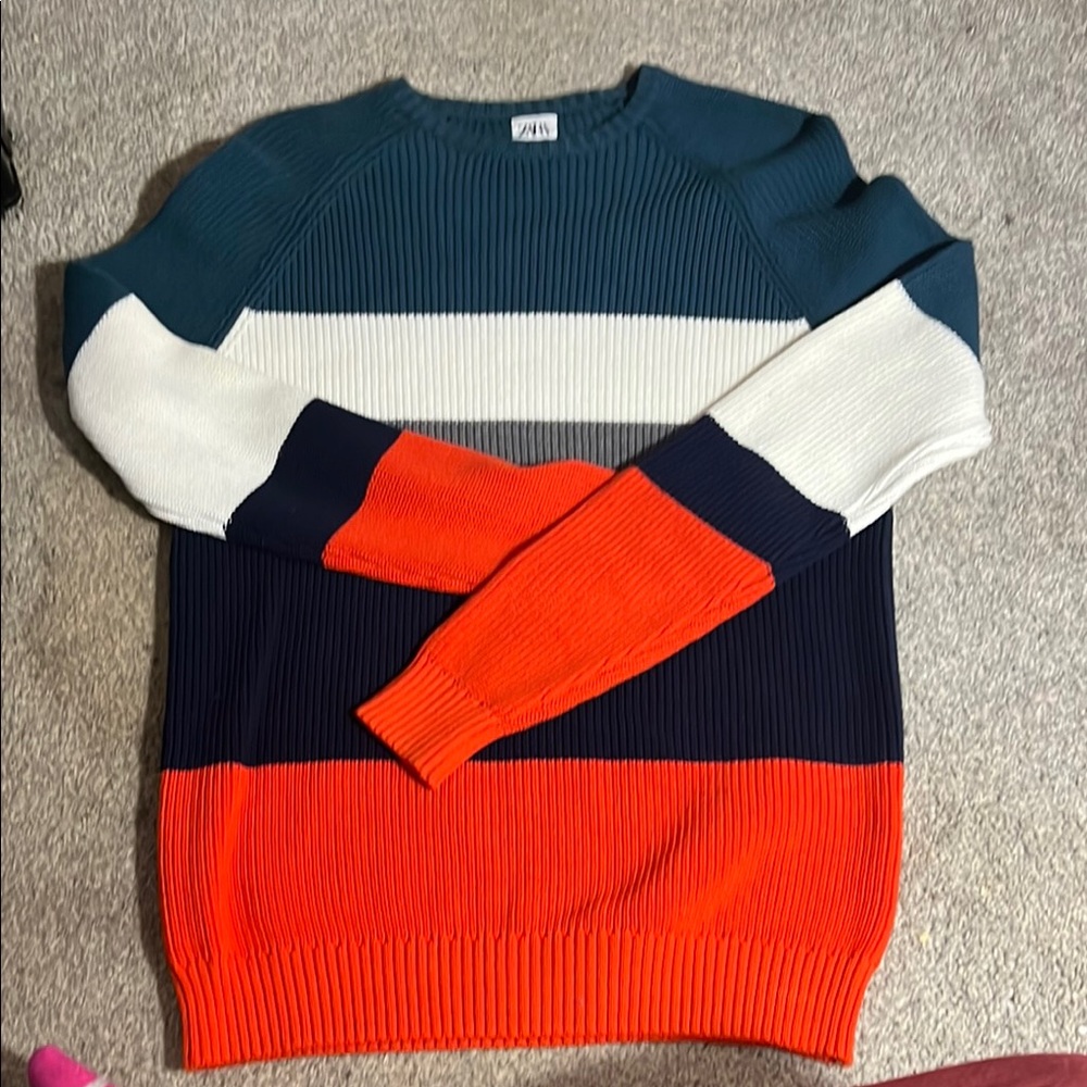 Zara Men's Colorblock Sweater - Teal, White, Orange, and Navy